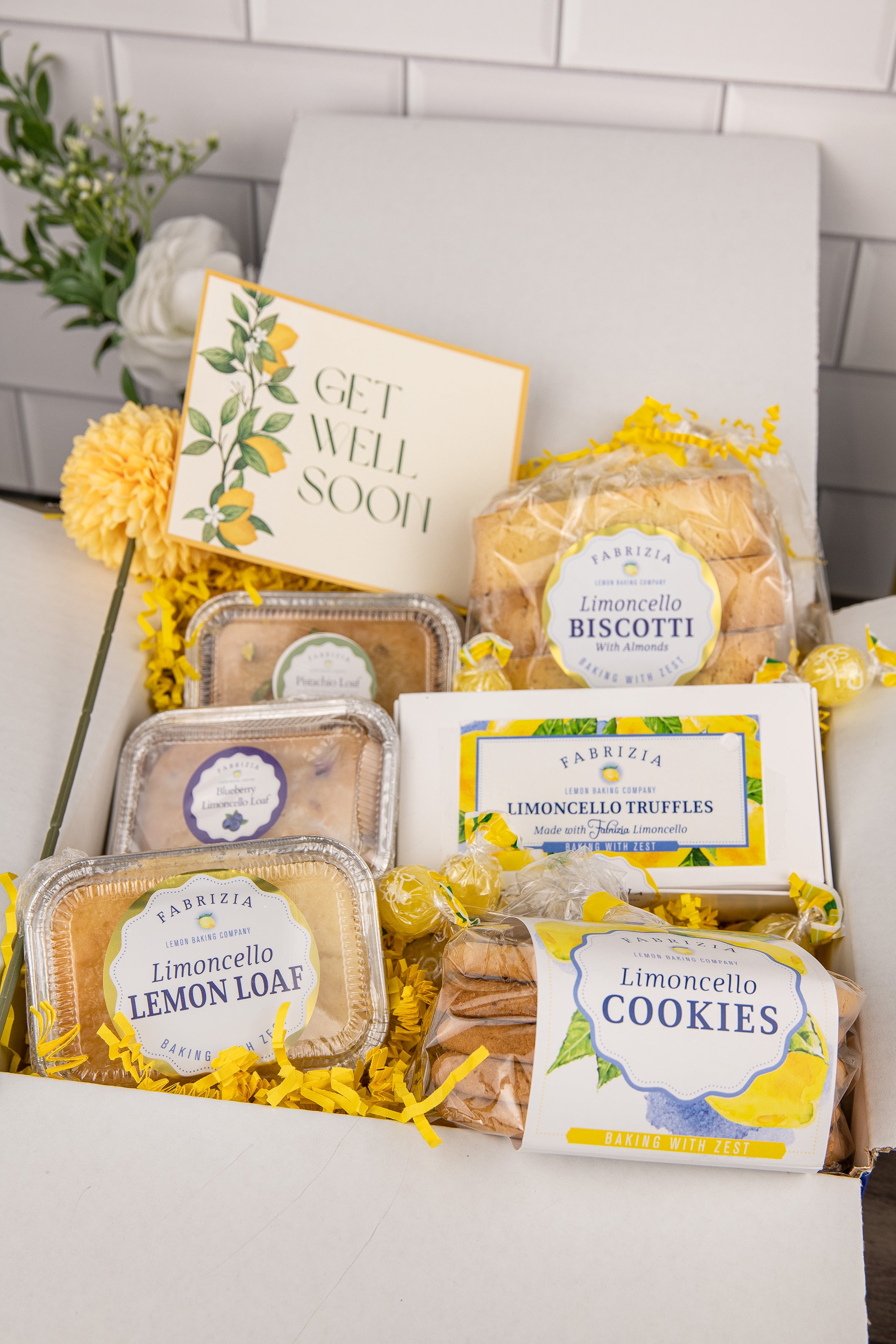 Fabrizia Limoncello Get Well Box Comes With Limoncello Cookies, Limoncello Biscotti, Limoncello Truffles, Limoncello Lemon Loaves